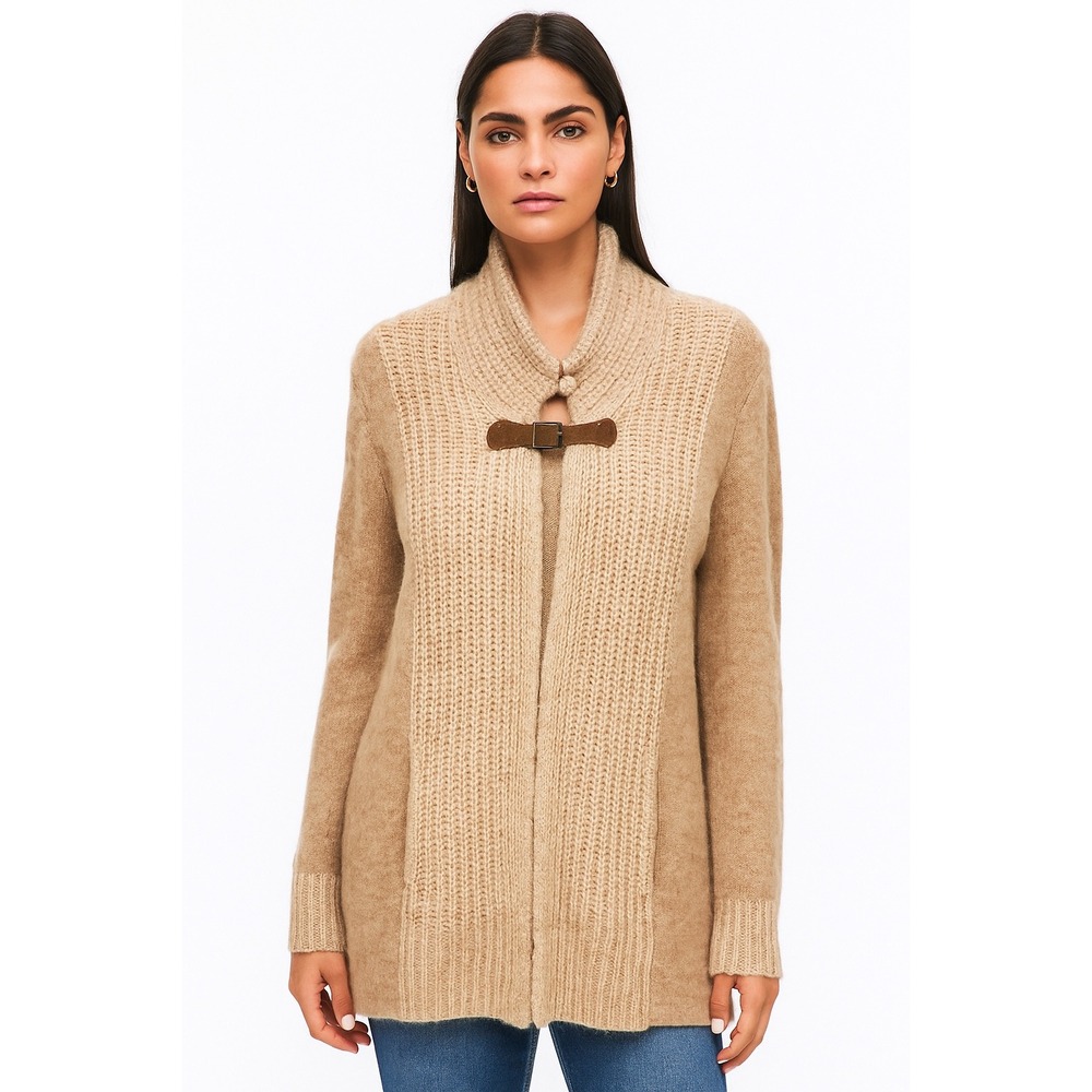 Chiaramente‎ Italy Wool Blend Cardigan Sweater Beige M TogglesPockets Cozy Wool